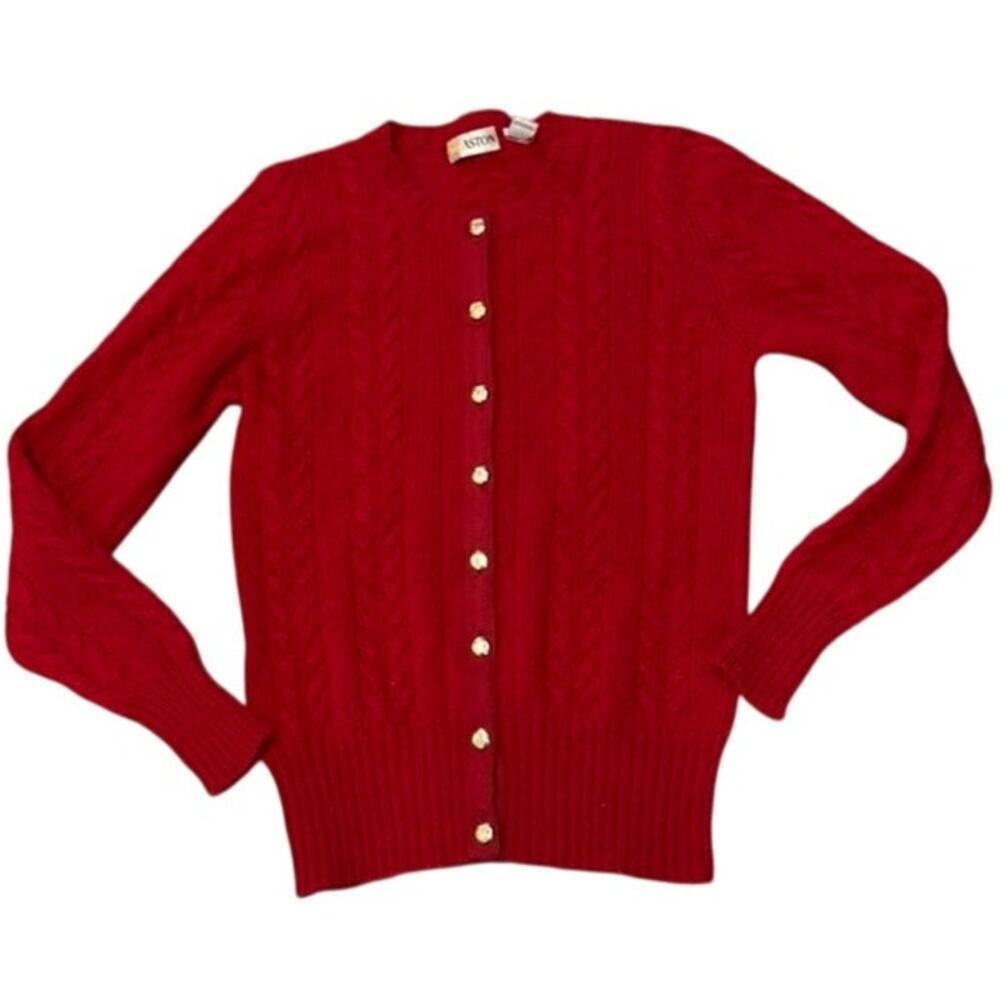 Vintage Red Wool Cable Knit Cardigan ASTON Gold Buttons S